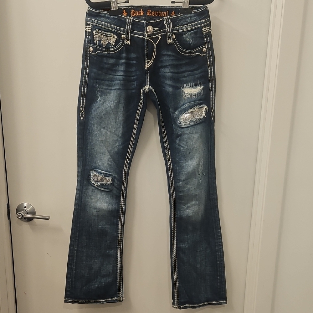 Rock Revival Boot Cut Jeans in Distressed Blue